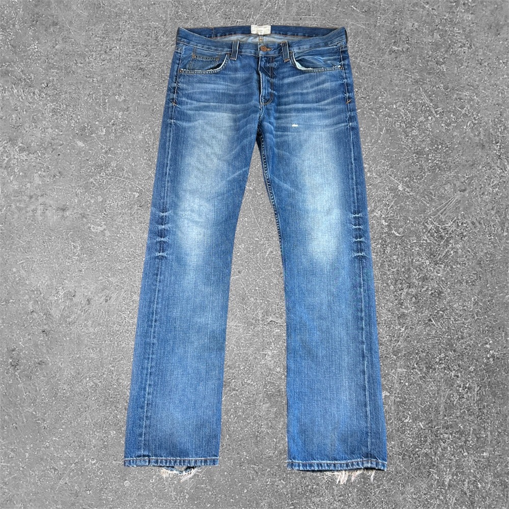 Current Elliott Slim Straight Stahl Jeans Mens 38x34 Blue Distressed Made in USA
